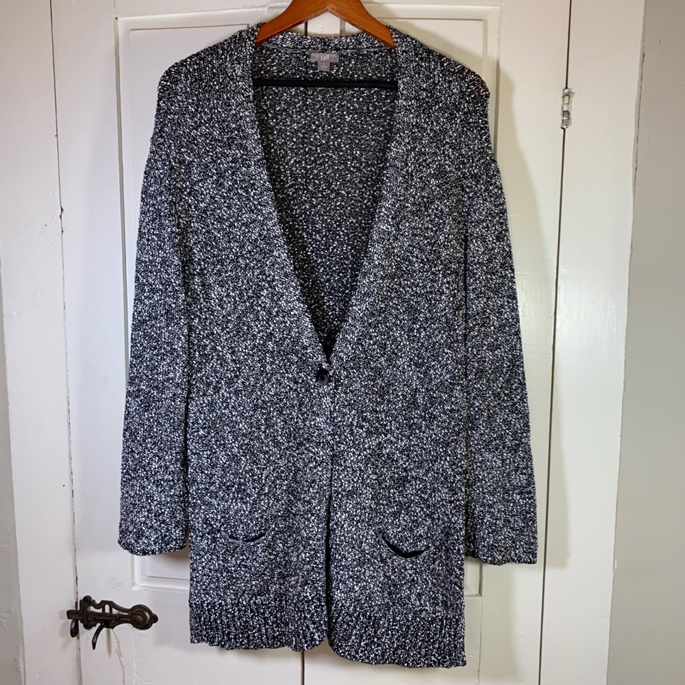 J. Jill Women's Large Cardigan Sweater Black White Knit Pockets Button Front‎